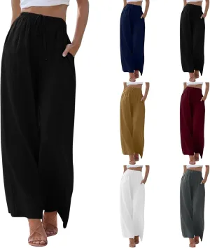 2024 Women High Waisted Wide Leg Pants Dressy Fashion Drawstring Elastic Trousers Comfy Straight Leg Long Pants with Pocket