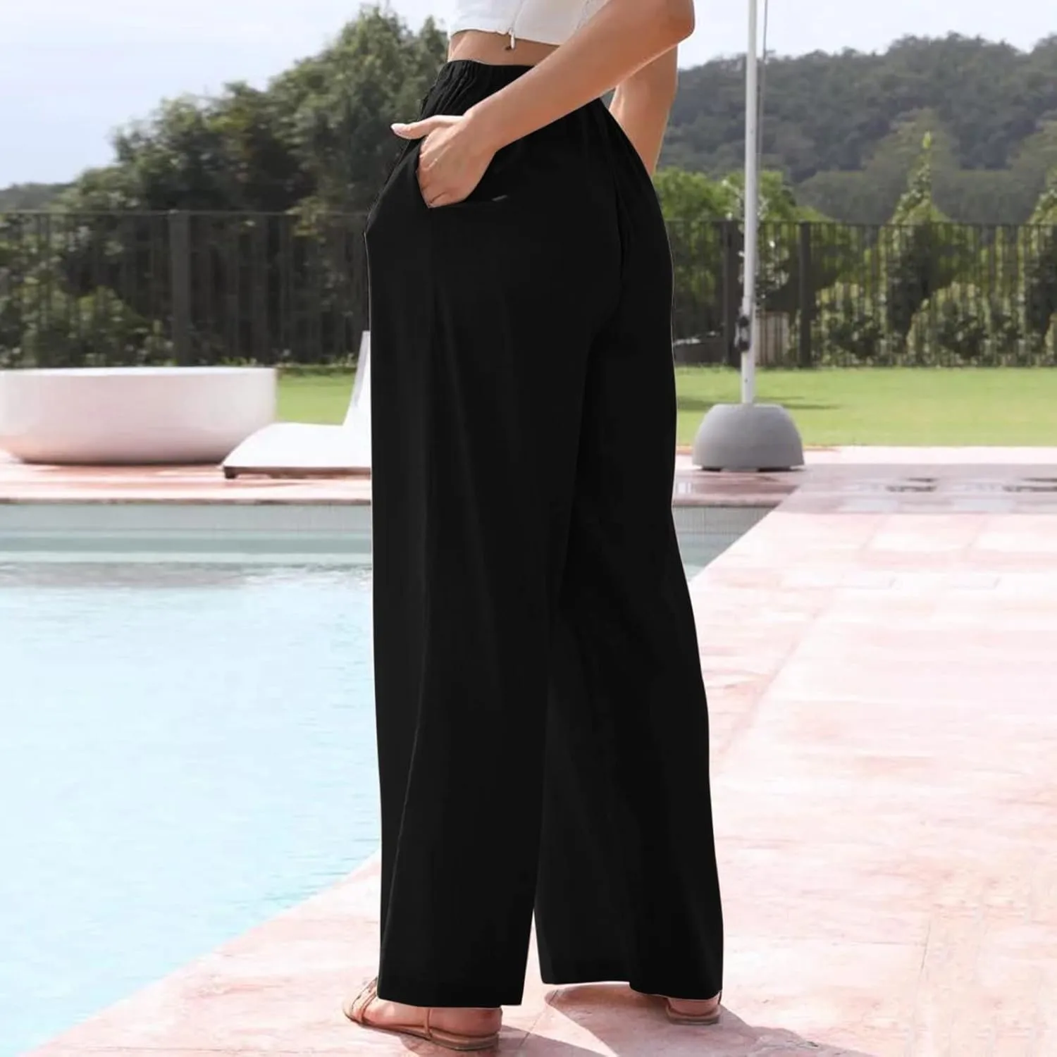 2024 Women High Waisted Wide Leg Pants Dressy Fashion Drawstring Elastic Trousers Comfy Straight Leg Long Pants with Pocket