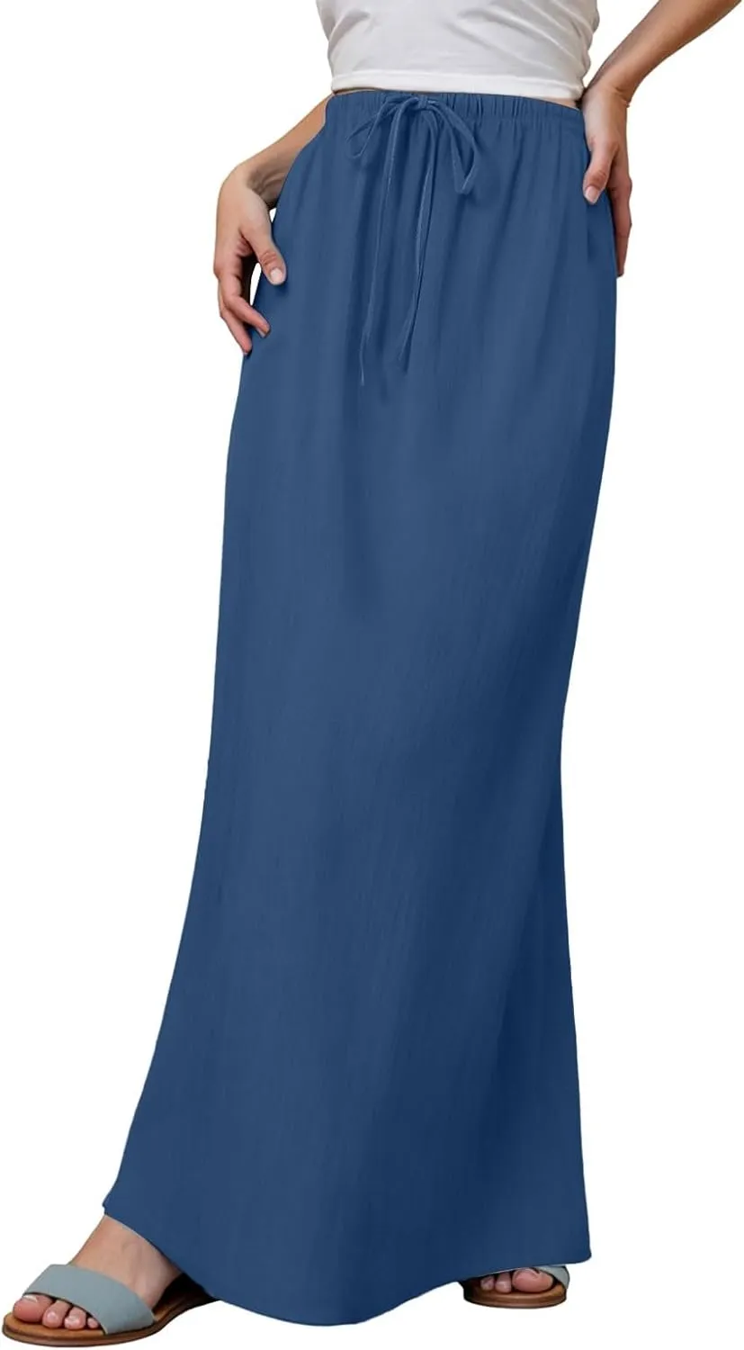 AMDBEL Summer Skirts for Women 2025,Linen Maxi Skirts for Women Trendy Summer Drawstring Low Waisted A-Line Flowy Skirts