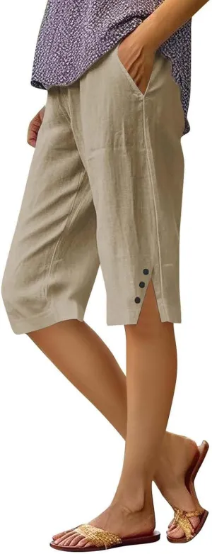 Capri Pants for Women Bermuda Shorts High Waisted Wide Leg Cropped Linen Pants Casual Palazzo Pant with Pockets
