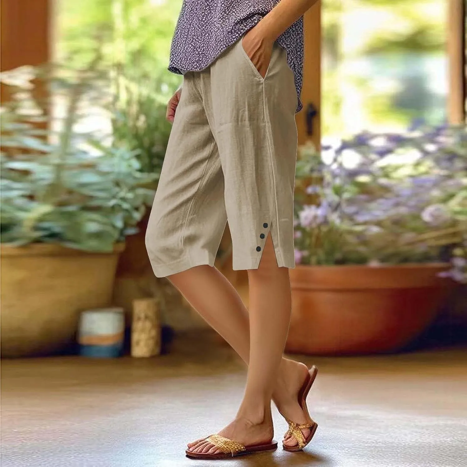 Capri Pants for Women Bermuda Shorts High Waisted Wide Leg Cropped Linen Pants Casual Palazzo Pant with Pockets