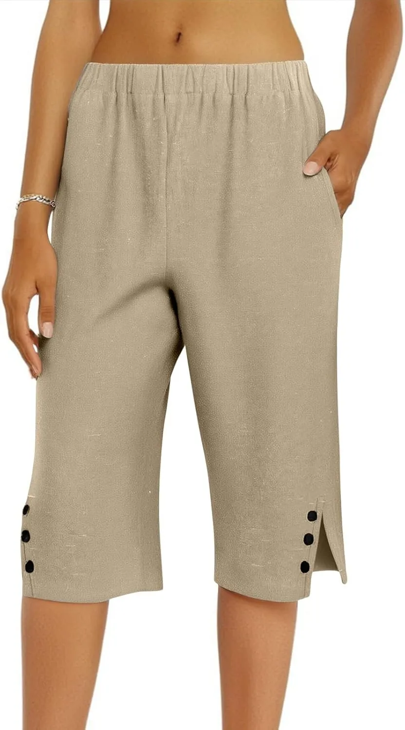 Capri Pants for Women Bermuda Shorts High Waisted Wide Leg Cropped Linen Pants Casual Palazzo Pant with Pockets