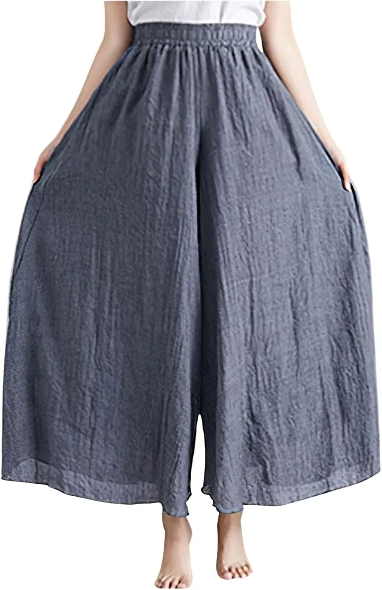 chouyatou Womens Flowy Elastic High Waisted Wide Leg Pants Casual Palazzo Linen Pants Culottes