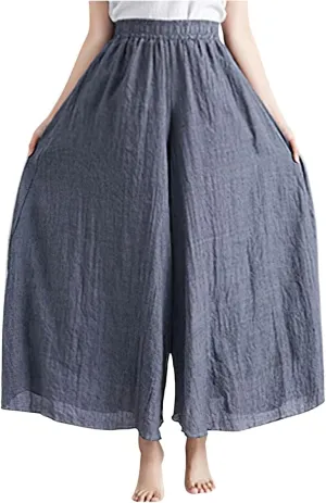 chouyatou Womens Flowy Elastic High Waisted Wide Leg Pants Casual Palazzo Linen Pants Culottes