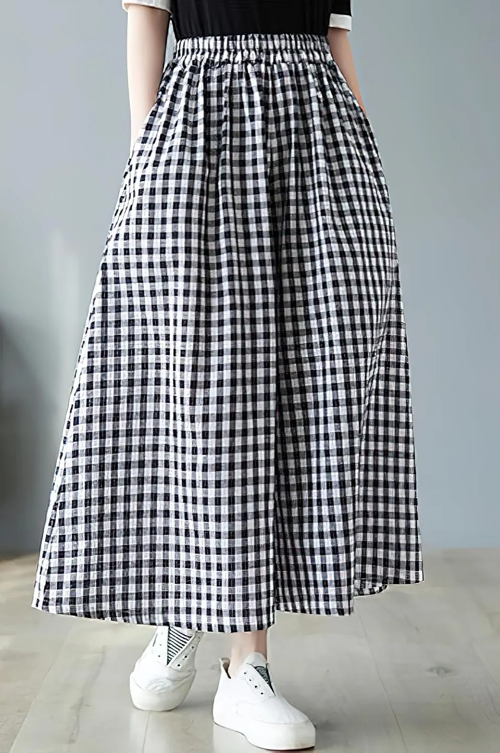 chouyatou Women's Summer Casual Cotton Linen Pants Culottes Plaid Gingham Wide Leg Capri Palazzo Pants