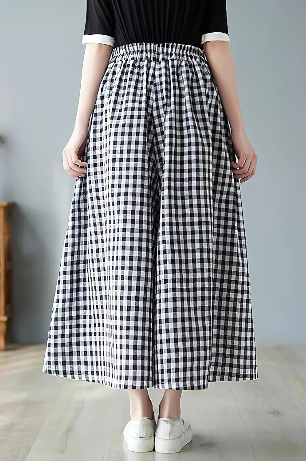chouyatou Women's Summer Casual Cotton Linen Pants Culottes Plaid Gingham Wide Leg Capri Palazzo Pants