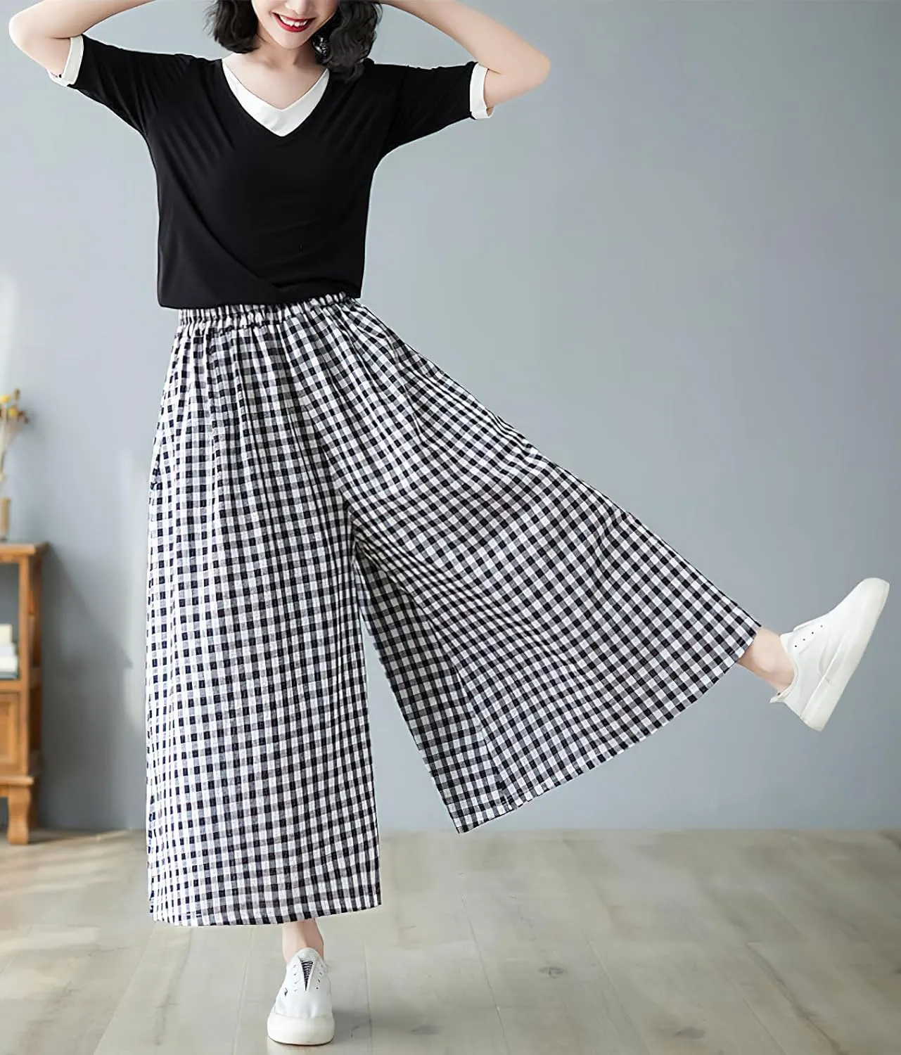 chouyatou Women's Summer Casual Cotton Linen Pants Culottes Plaid Gingham Wide Leg Capri Palazzo Pants