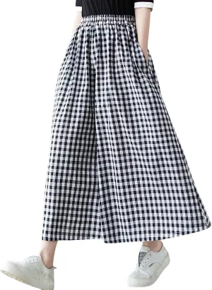 chouyatou Women's Summer Casual Cotton Linen Pants Culottes Plaid Gingham Wide Leg Capri Palazzo Pants