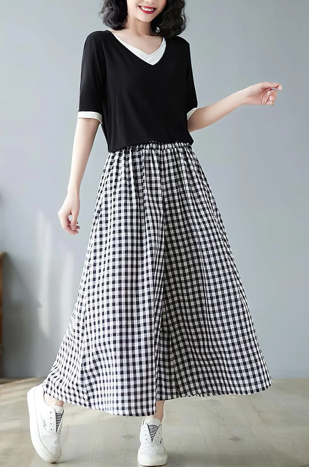chouyatou Women's Summer Casual Cotton Linen Pants Culottes Plaid Gingham Wide Leg Capri Palazzo Pants