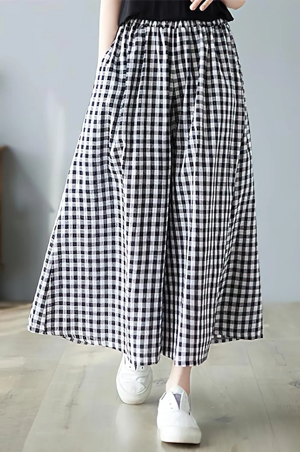chouyatou Women's Summer Casual Cotton Linen Pants Culottes Plaid Gingham Wide Leg Capri Palazzo Pants