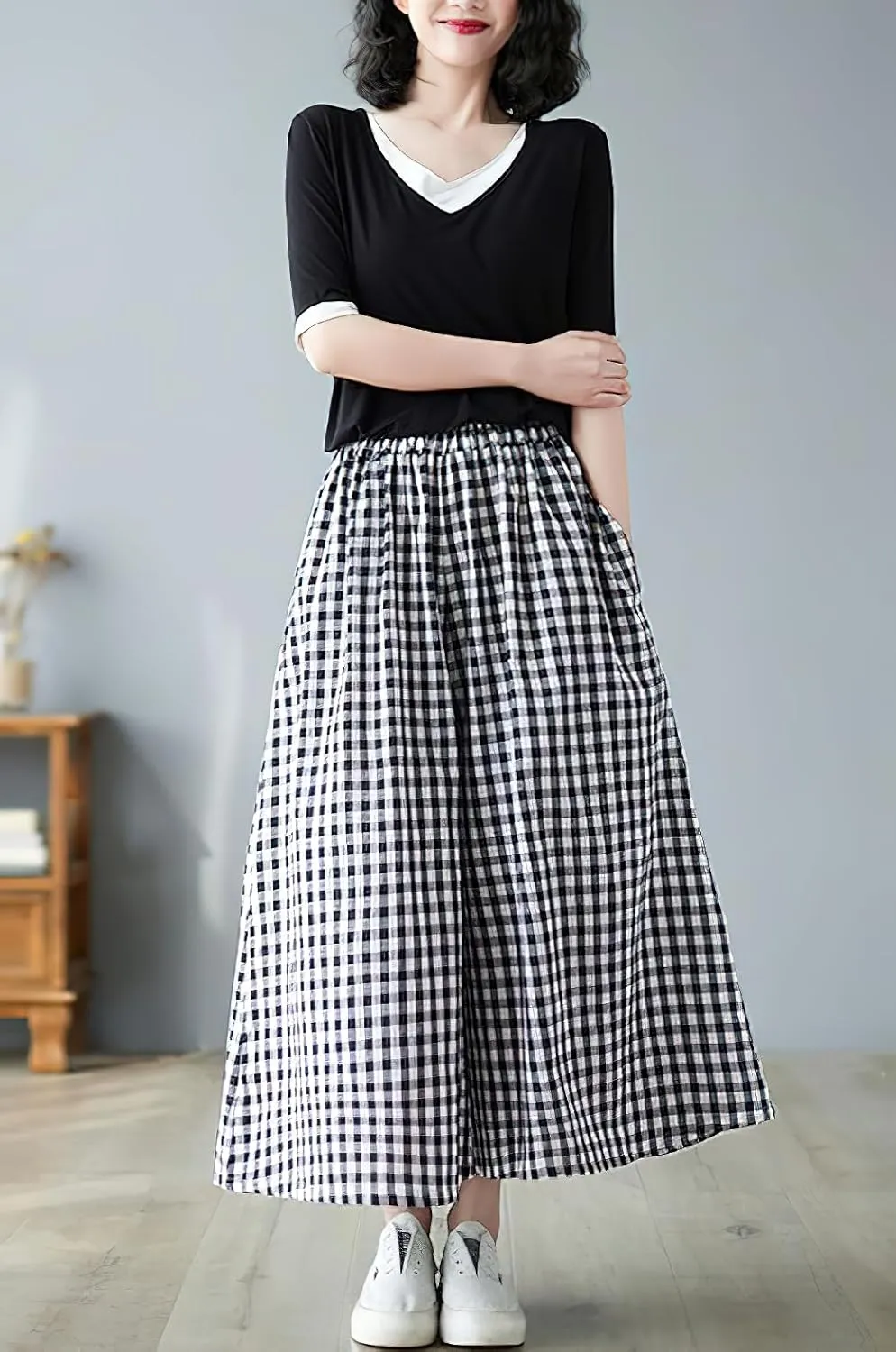 chouyatou Women's Summer Casual Cotton Linen Pants Culottes Plaid Gingham Wide Leg Capri Palazzo Pants
