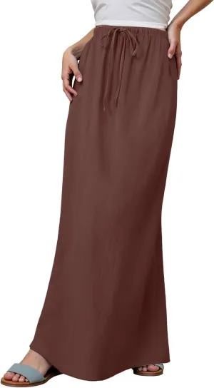 Cotton Linen Maxi Skirts for Women 2025 Summer Drawstring Low Rise A-Line Skirts Casual Loose Flowy Long Beach Skirt