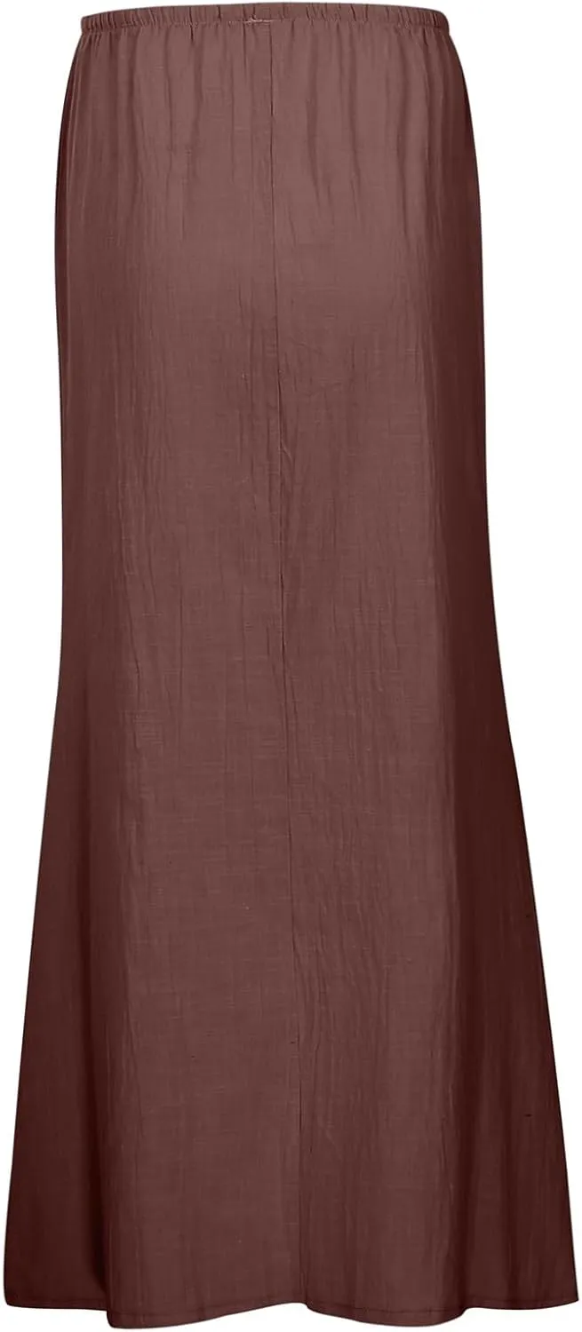 Cotton Linen Maxi Skirts for Women 2025 Summer Drawstring Low Rise A-Line Skirts Casual Loose Flowy Long Beach Skirt