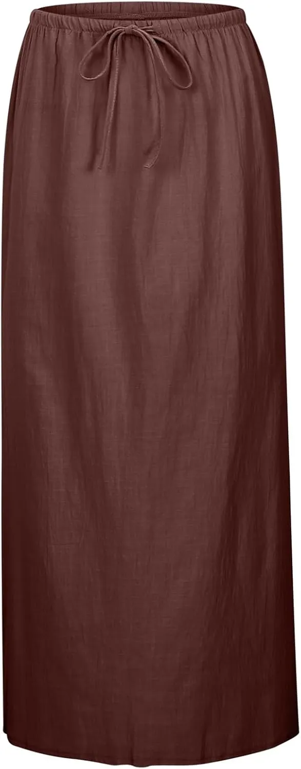 Cotton Linen Maxi Skirts for Women 2025 Summer Drawstring Low Rise A-Line Skirts Casual Loose Flowy Long Beach Skirt
