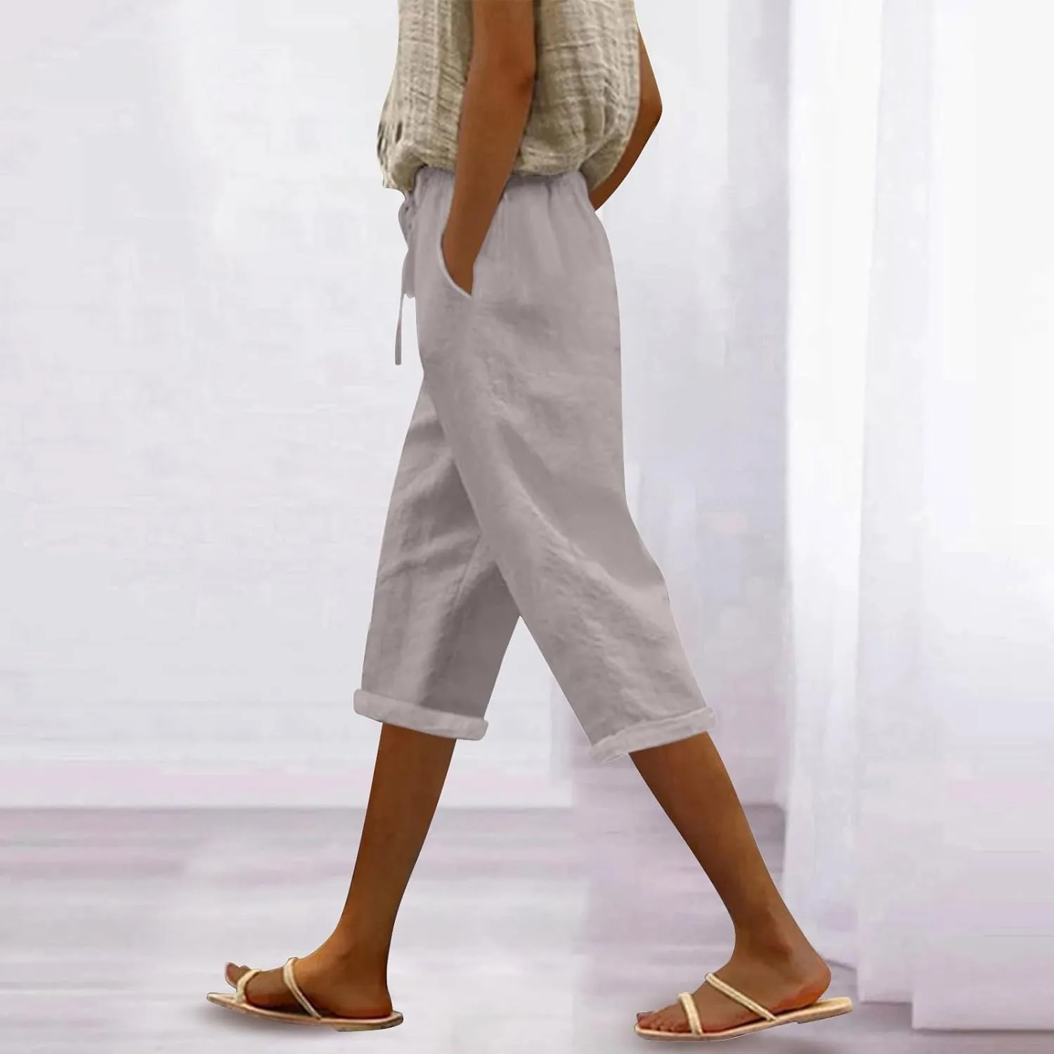 Cotton Linen Pants for Women Casual 2025 Summer Elastic Waist Capris Pants Trendy Straight Wide Leg Cropped Trouser