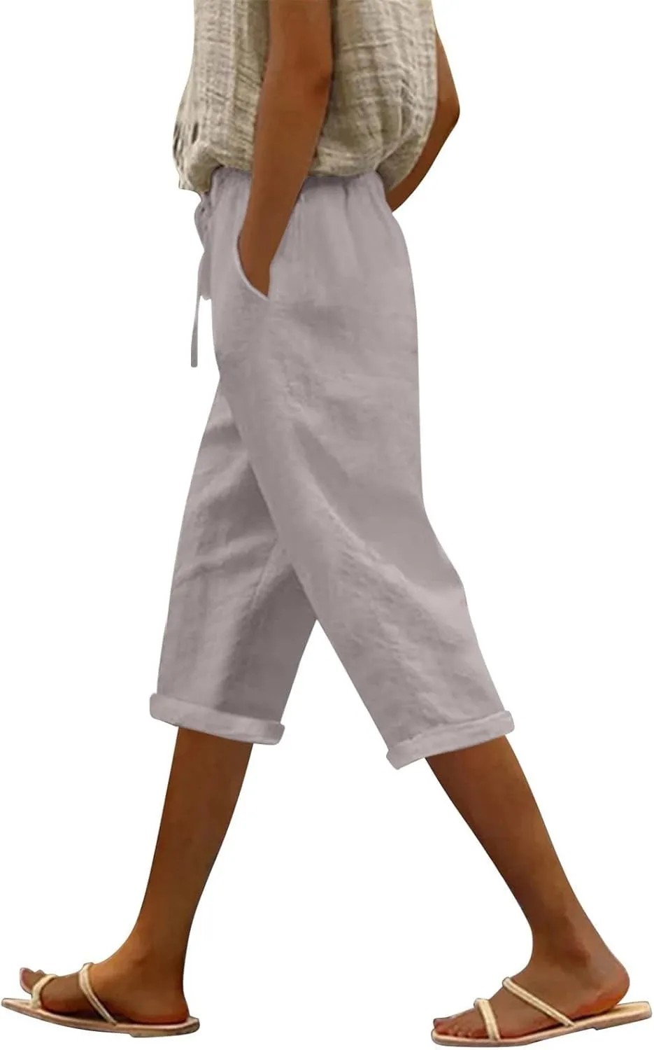 Cotton Linen Pants for Women Casual 2025 Summer Elastic Waist Capris Pants Trendy Straight Wide Leg Cropped Trouser