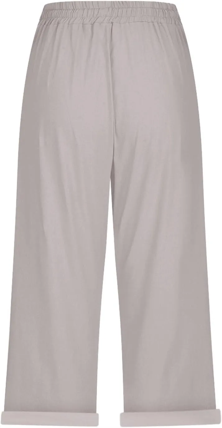 Cotton Linen Pants for Women Casual 2025 Summer Elastic Waist Capris Pants Trendy Straight Wide Leg Cropped Trouser