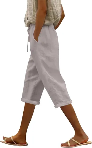Cotton Linen Pants for Women Casual 2025 Summer Elastic Waist Capris Pants Trendy Straight Wide Leg Cropped Trouser
