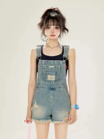 Damaged Washed Denim Shorts Overalls