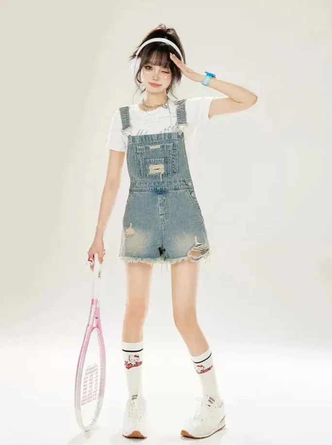 Damaged Washed Denim Shorts Overalls