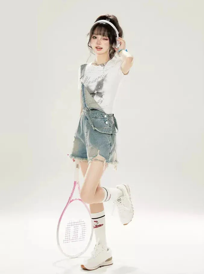 Damaged Washed Denim Shorts Overalls