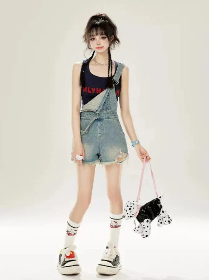 Damaged Washed Denim Shorts Overalls