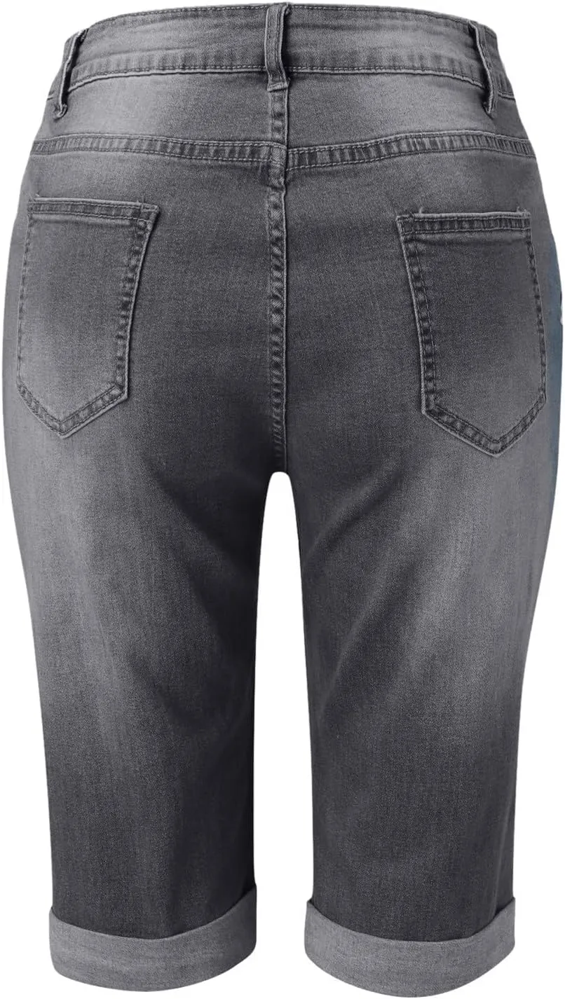 Denim Biker Shorts Women High Waisted Ripped Jean Shorts Summer Casual Bermuda Denim Shorts Stretchy Rolled Hem Short Jeans