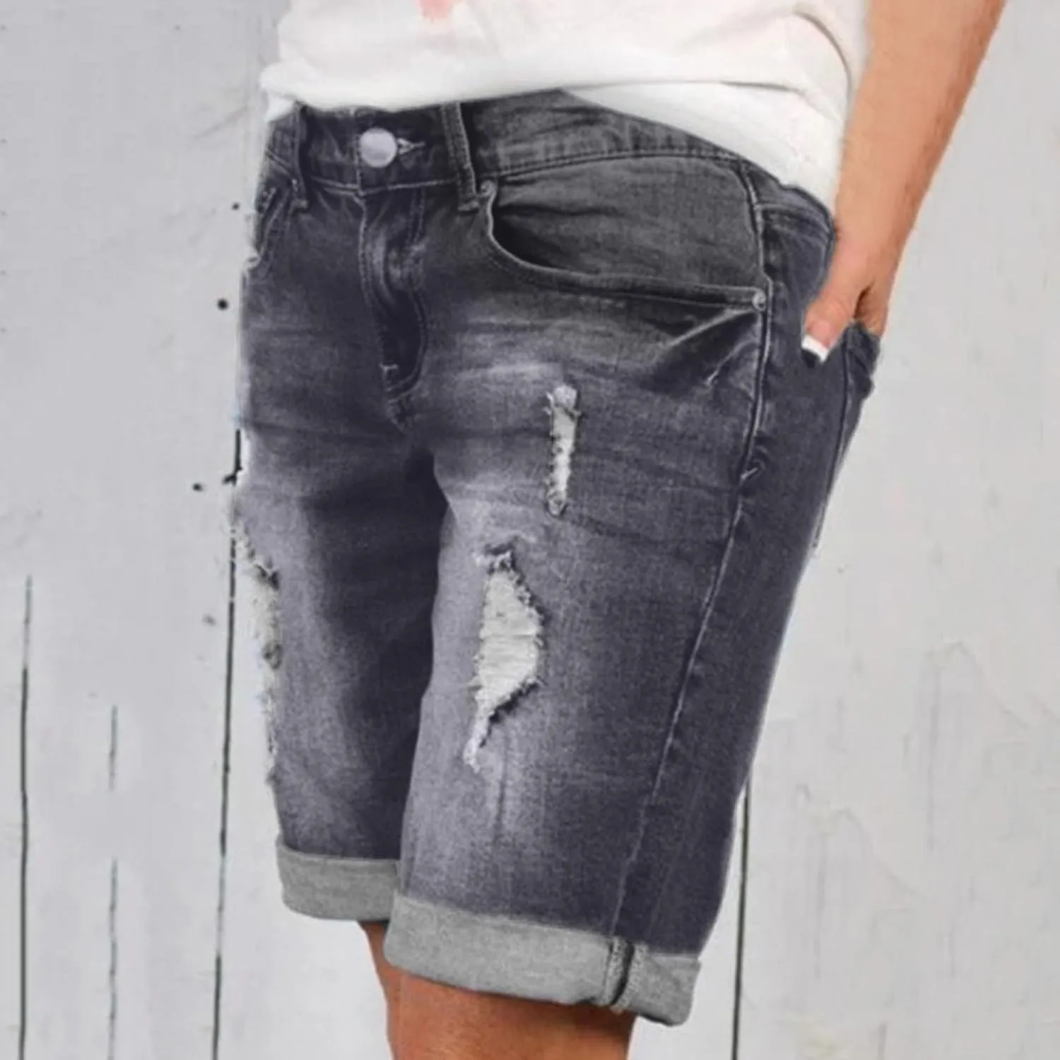 Denim Biker Shorts Women High Waisted Ripped Jean Shorts Summer Casual Bermuda Denim Shorts Stretchy Rolled Hem Short Jeans