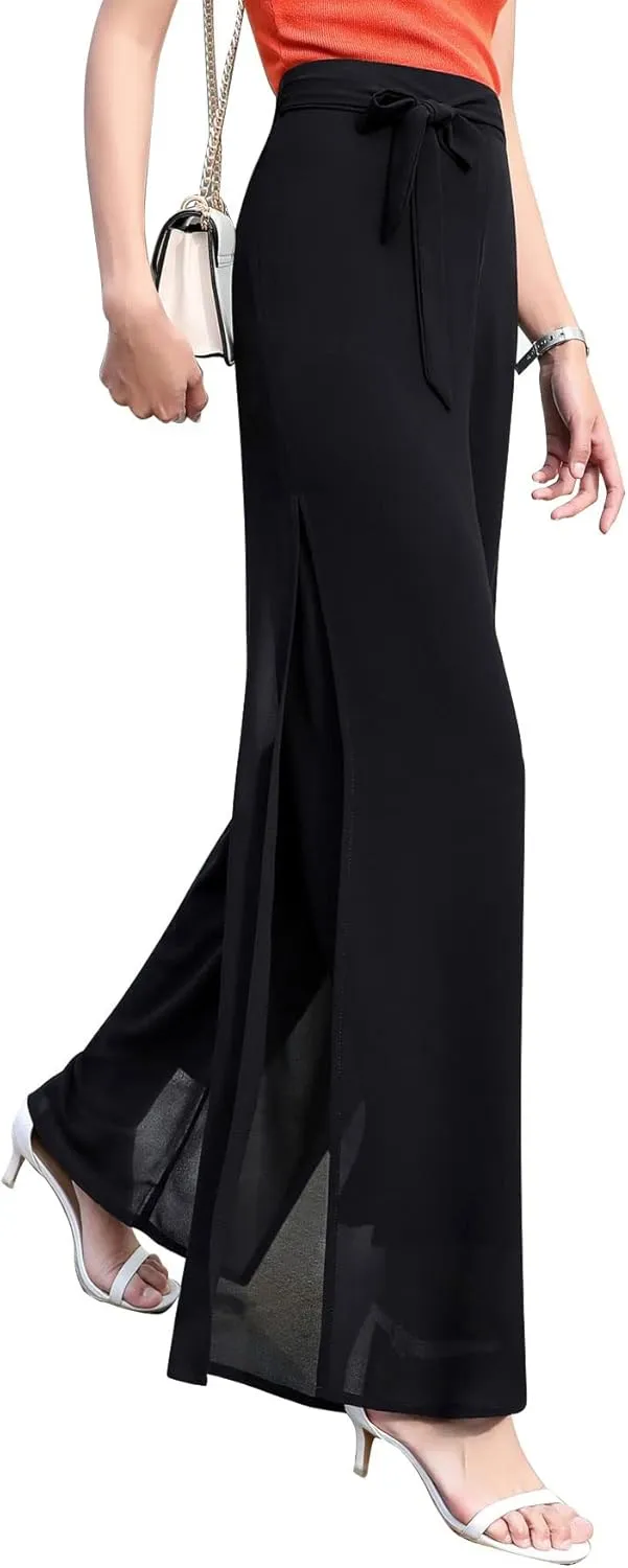 Double Plus Open Womens Chiffon High Waist Palazzo Dressy Pants Flare Elastic Waist Culottes Trousers Pant