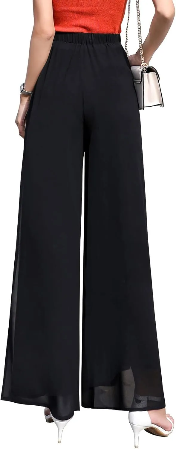Double Plus Open Womens Chiffon High Waist Palazzo Dressy Pants Flare Elastic Waist Culottes Trousers Pant