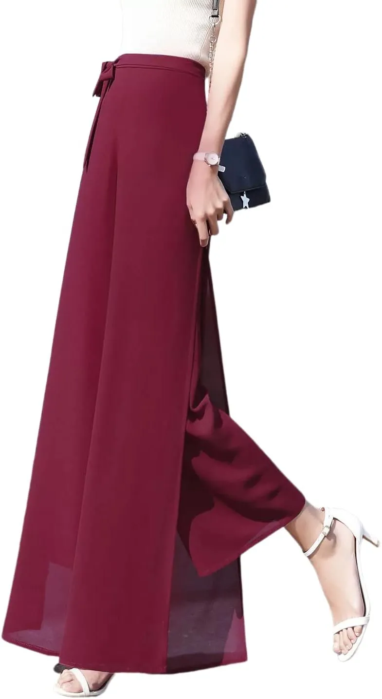 Double Plus Open Womens Chiffon High Waist Palazzo Dressy Pants Flare Elastic Waist Culottes Trousers Pant