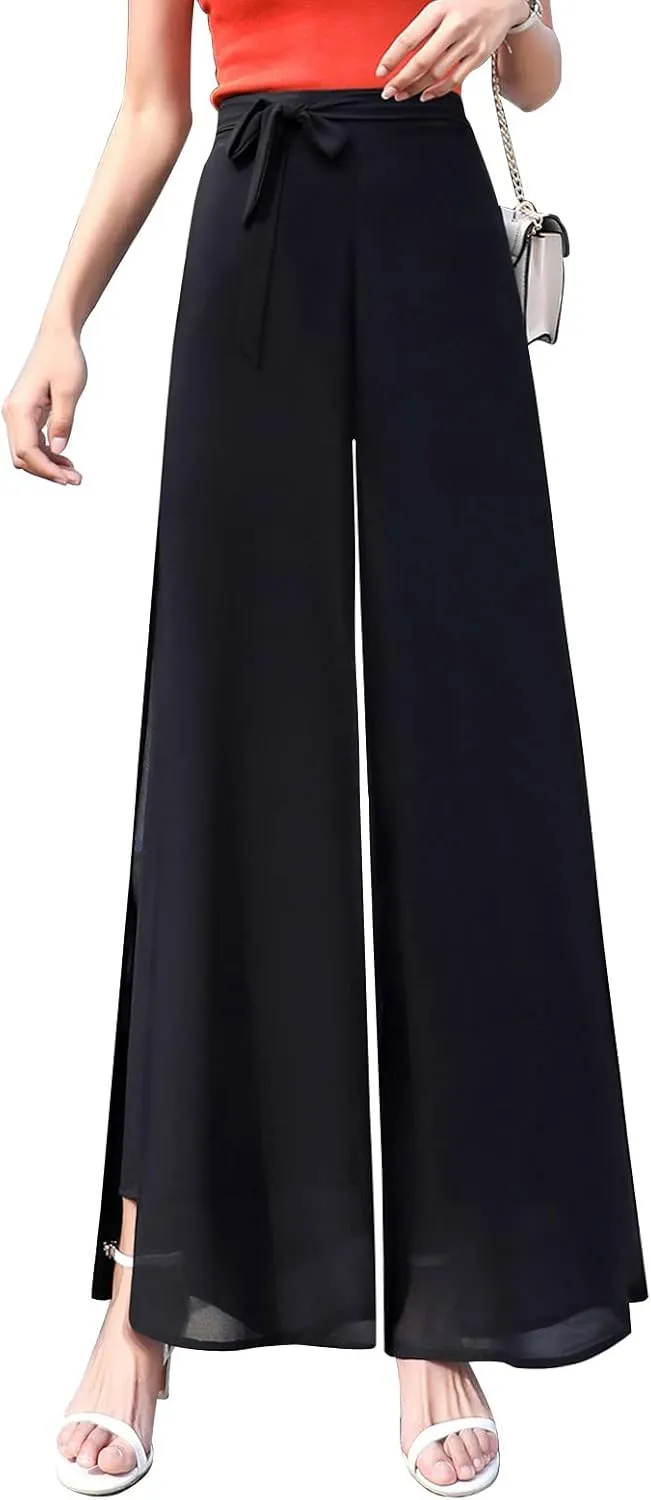 Double Plus Open Womens Chiffon High Waist Palazzo Dressy Pants Flare Elastic Waist Culottes Trousers Pant