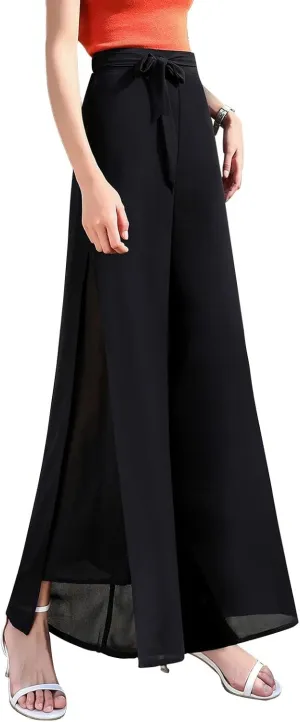 Double Plus Open Womens Chiffon High Waist Palazzo Dressy Pants Flare Elastic Waist Culottes Trousers Pant