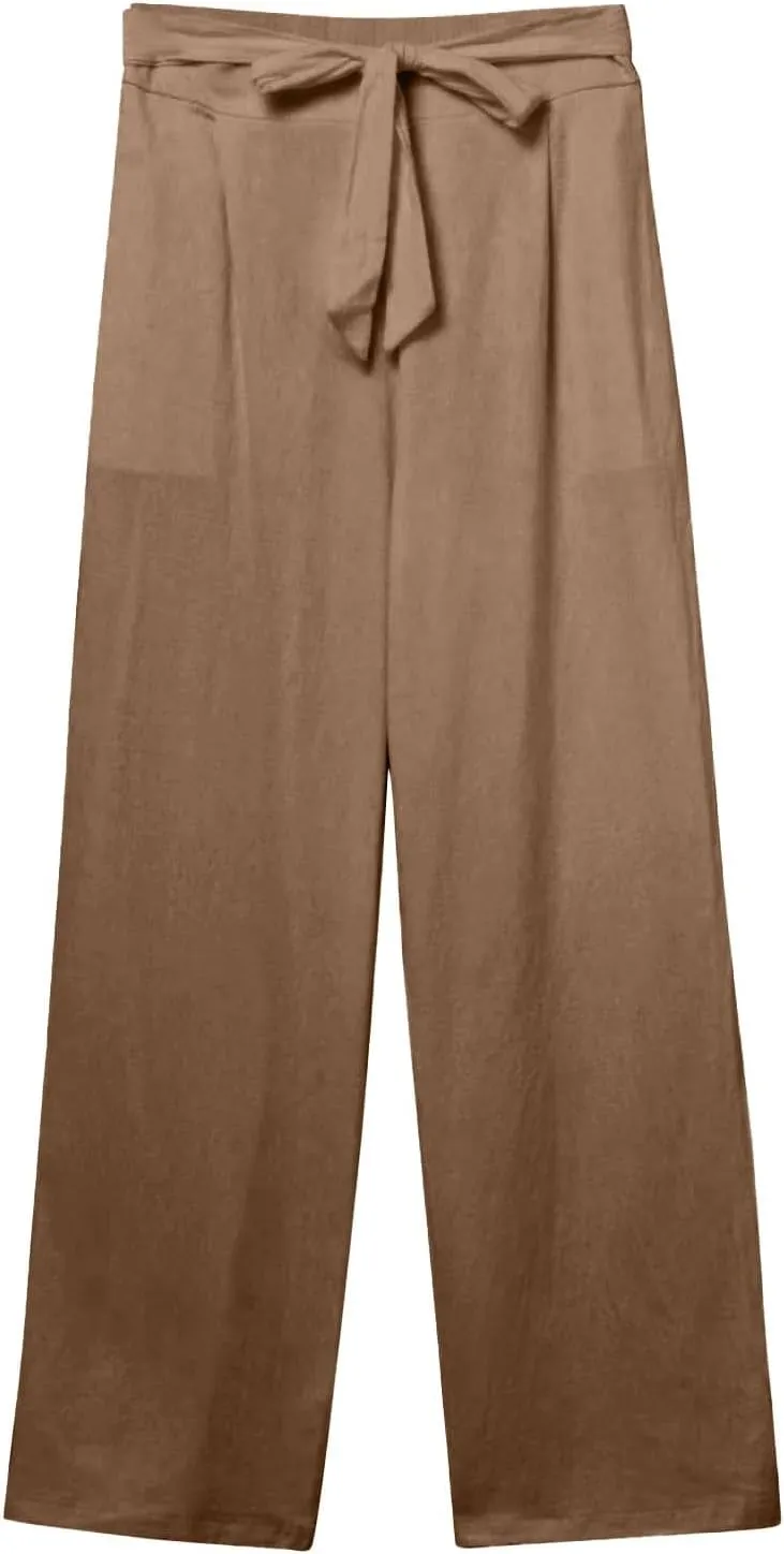 fanmpghleoo Plus Size Linen Pants for Women Casual Adjustable Tie Knot High Waisted Work Pants Loose Fit Comfy Lounge Pants