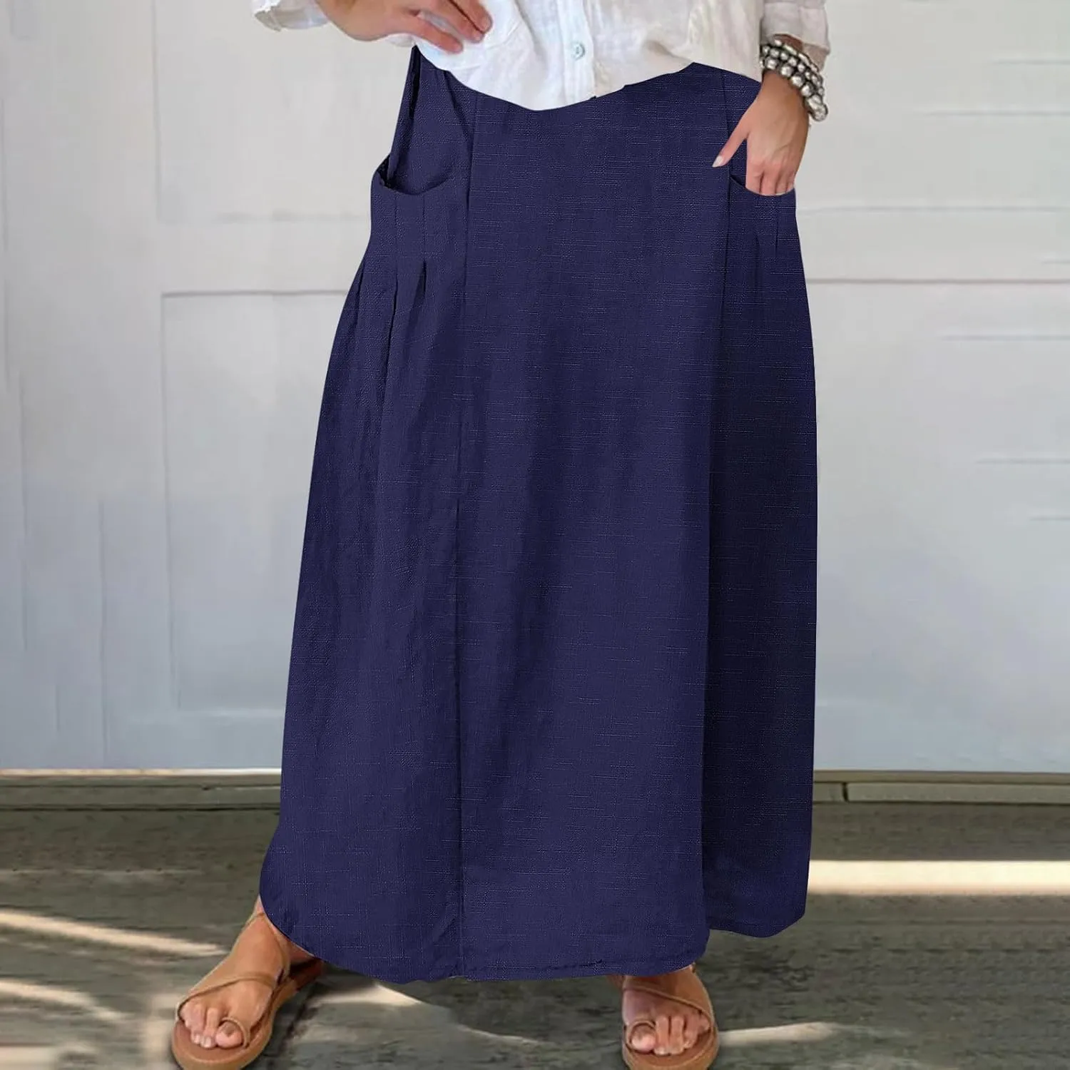 FZYLQY Womens High Waist Maxi Skirts Casual Loose Fit Flowy Swing Pleated A Line Long Skirts Solid Color Skirts with Pocket