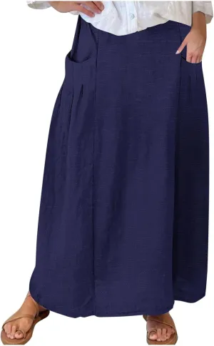FZYLQY Womens High Waist Maxi Skirts Casual Loose Fit Flowy Swing Pleated A Line Long Skirts Solid Color Skirts with Pocket