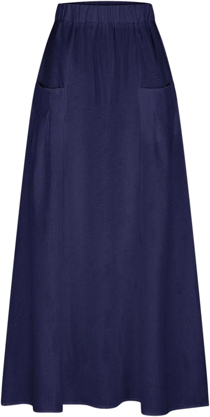 FZYLQY Womens High Waist Maxi Skirts Casual Loose Fit Flowy Swing Pleated A Line Long Skirts Solid Color Skirts with Pocket