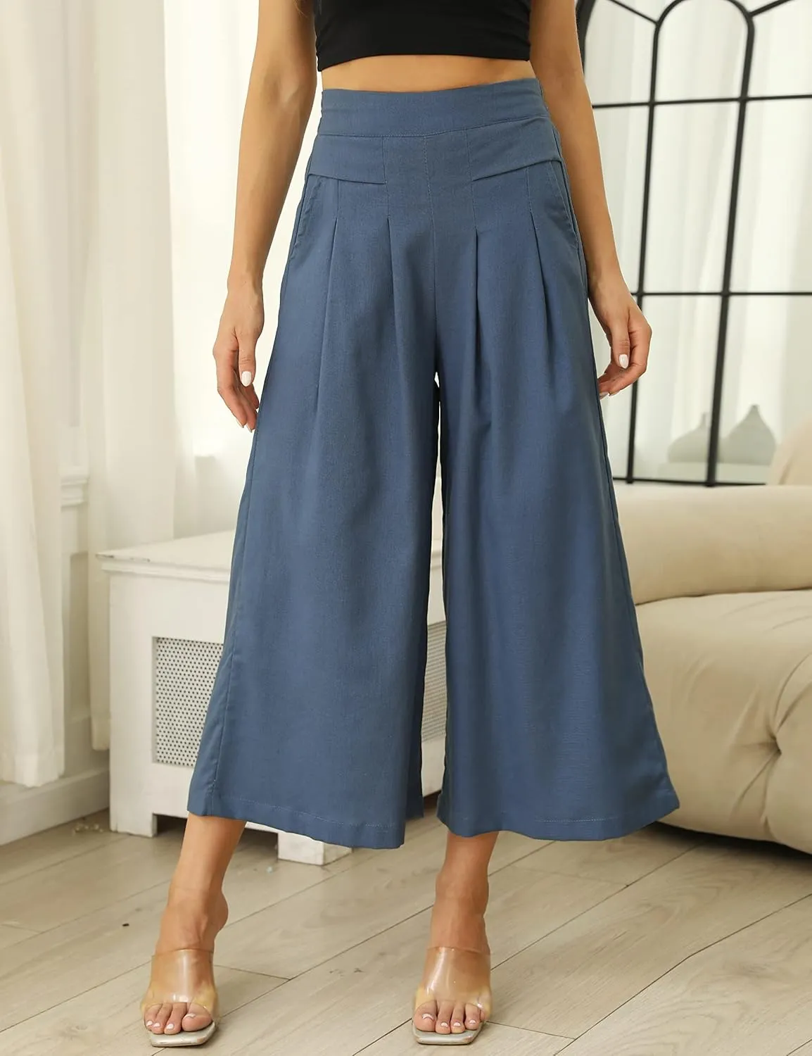 Hooever Women's Cotton Linen Culottes Pants Elastic Waist Wide Leg Palazzo Trousers Capri Pant