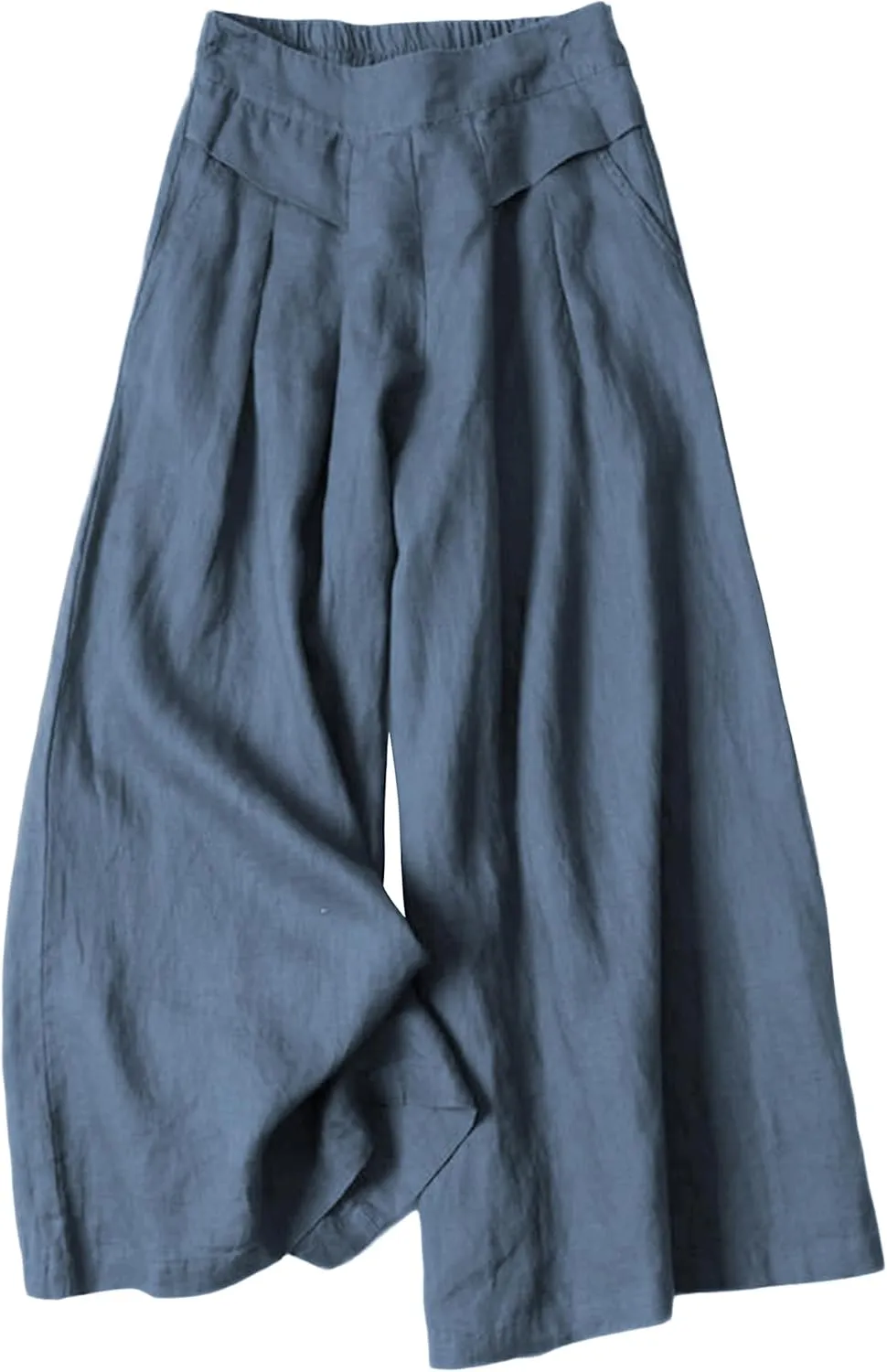 Hooever Women's Cotton Linen Culottes Pants Elastic Waist Wide Leg Palazzo Trousers Capri Pant