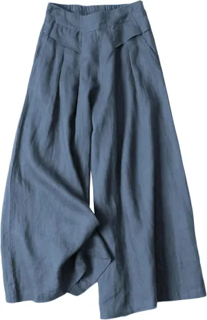 Hooever Women's Cotton Linen Culottes Pants Elastic Waist Wide Leg Palazzo Trousers Capri Pant