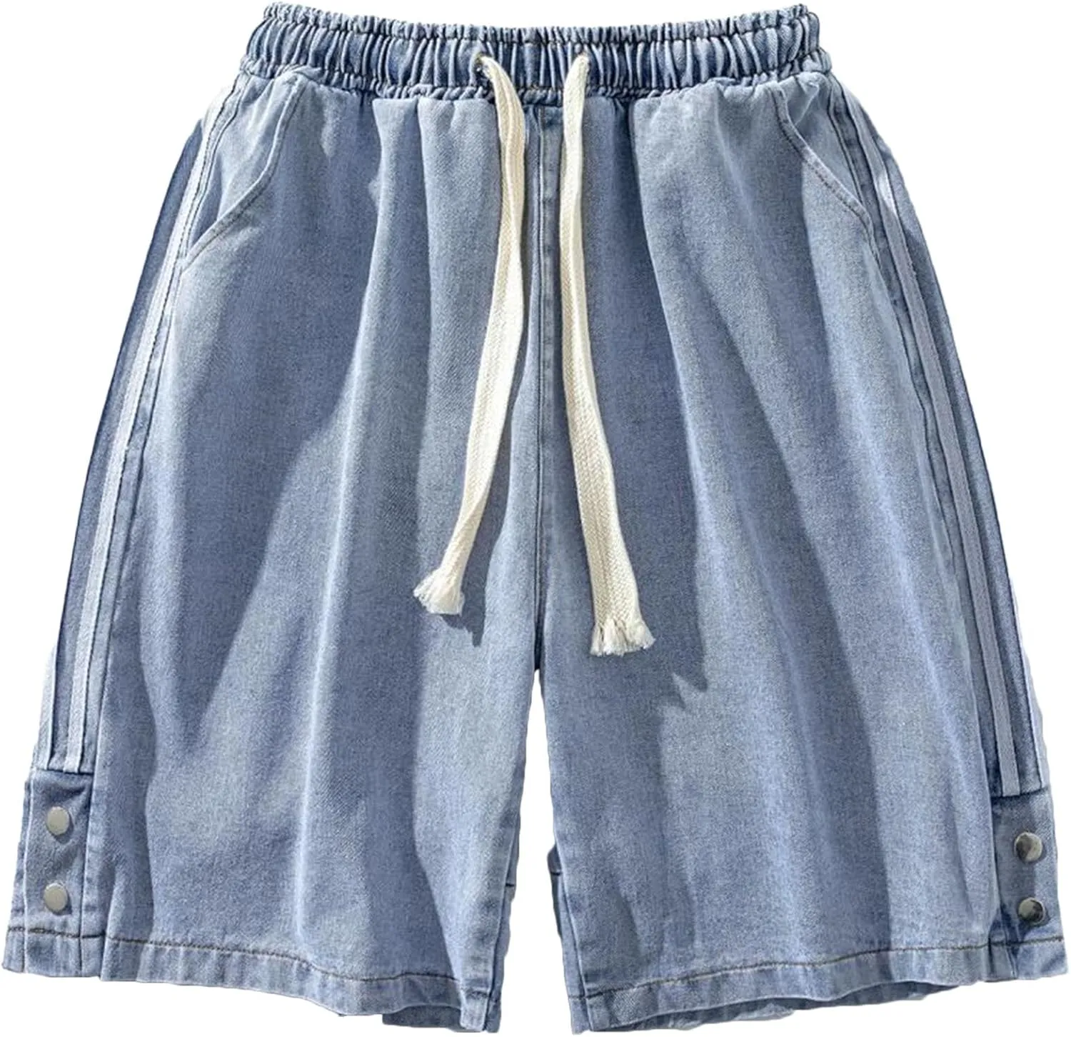 JEsilunmaMY Drawstring Denim Shorts for Men Elastic Waist Relaxed Fit Stripe Jean Shorts Casual Loose Straight Denim Shorts