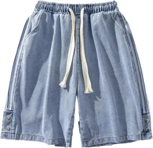 JEsilunmaMY Drawstring Denim Shorts for Men Elastic Waist Relaxed Fit Stripe Jean Shorts Casual Loose Straight Denim Shorts