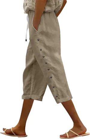 Linen Capri Pants for Women Casual Summer Capris Drawstring High Waist Pants Wide Leg Cropped Trousers