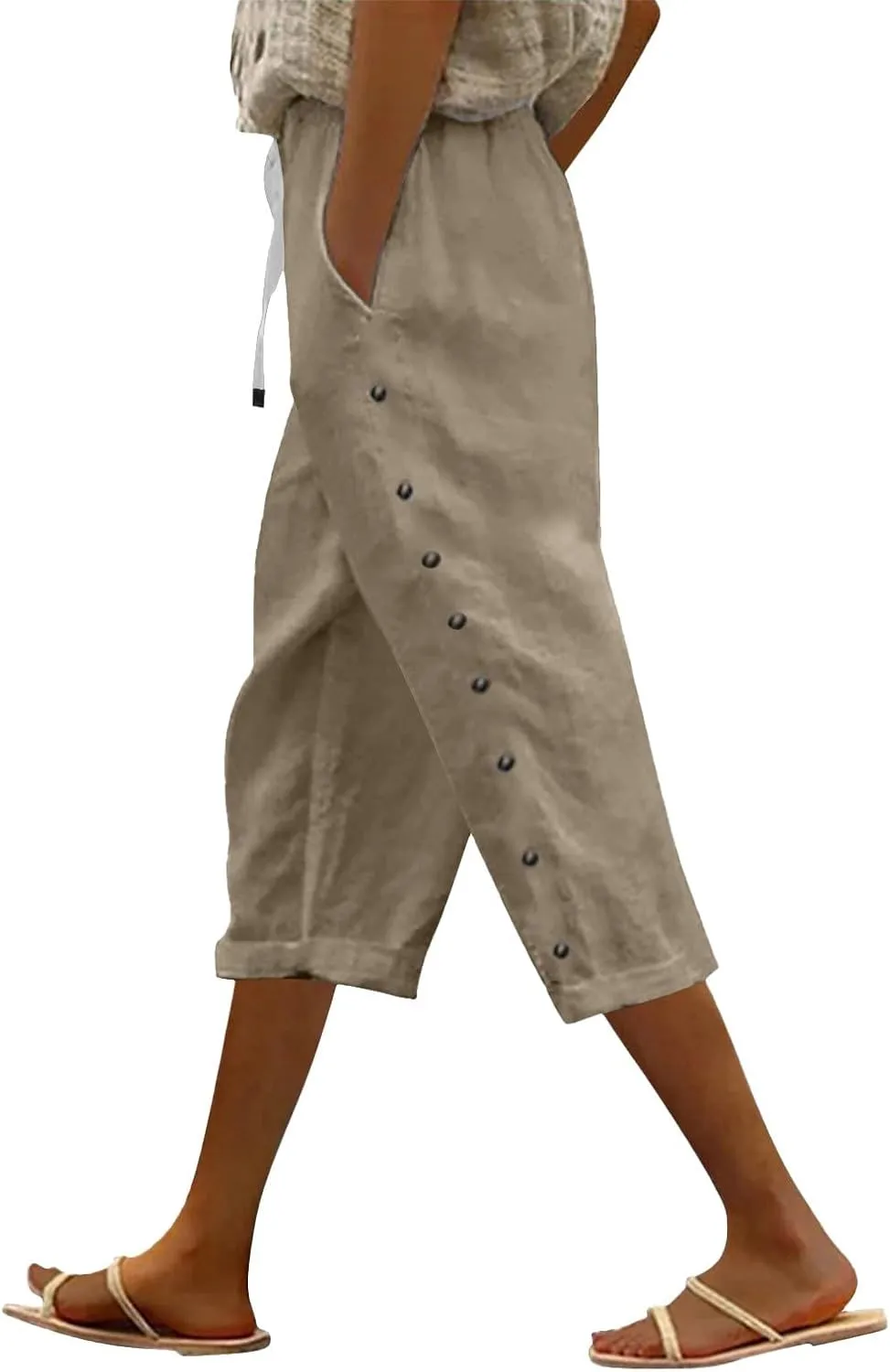 Linen Capri Pants for Women Casual Summer Capris Drawstring High Waist Pants Wide Leg Cropped Trousers