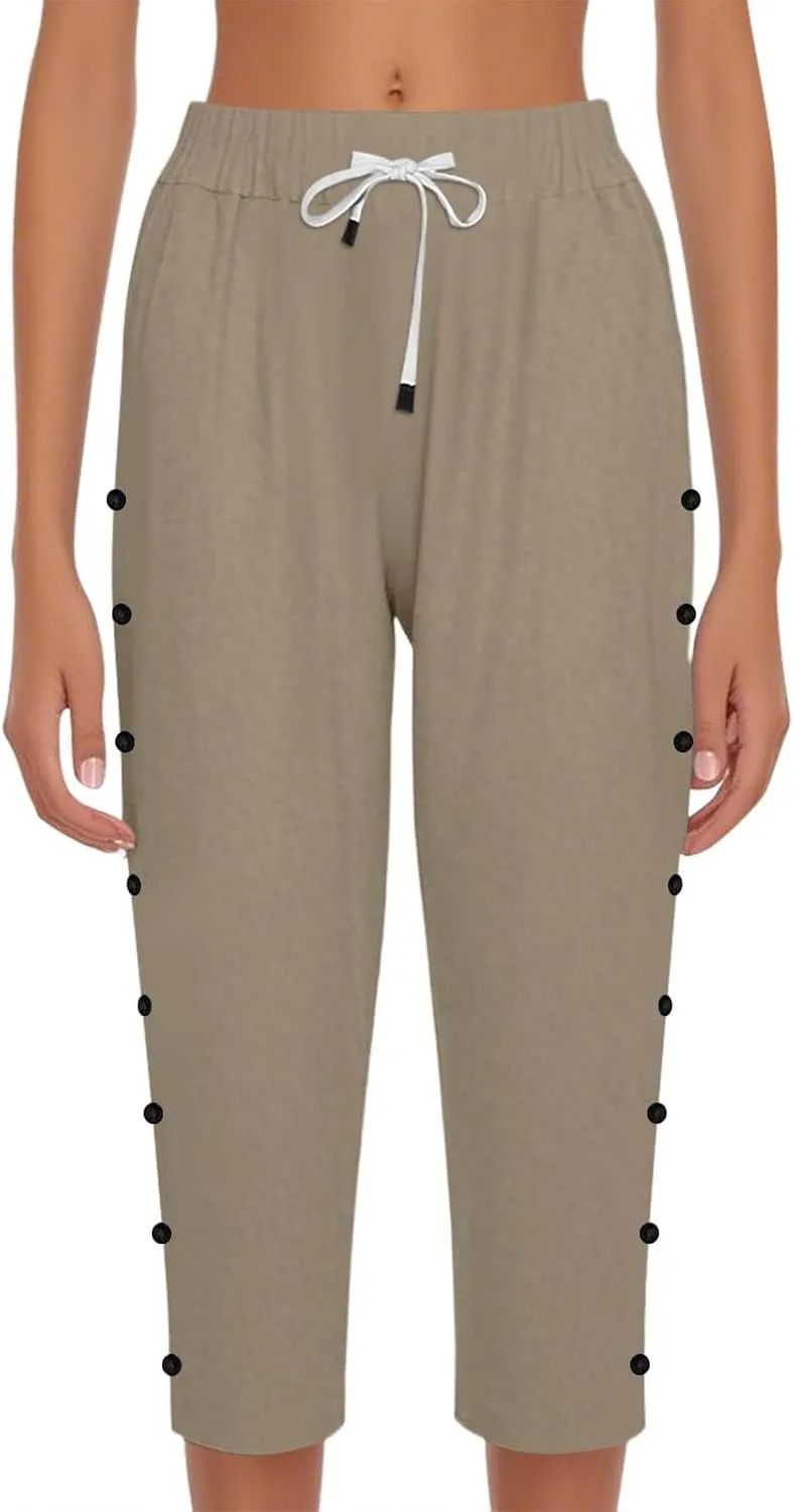 Linen Capri Pants for Women Casual Summer Capris Drawstring High Waist Pants Wide Leg Cropped Trousers