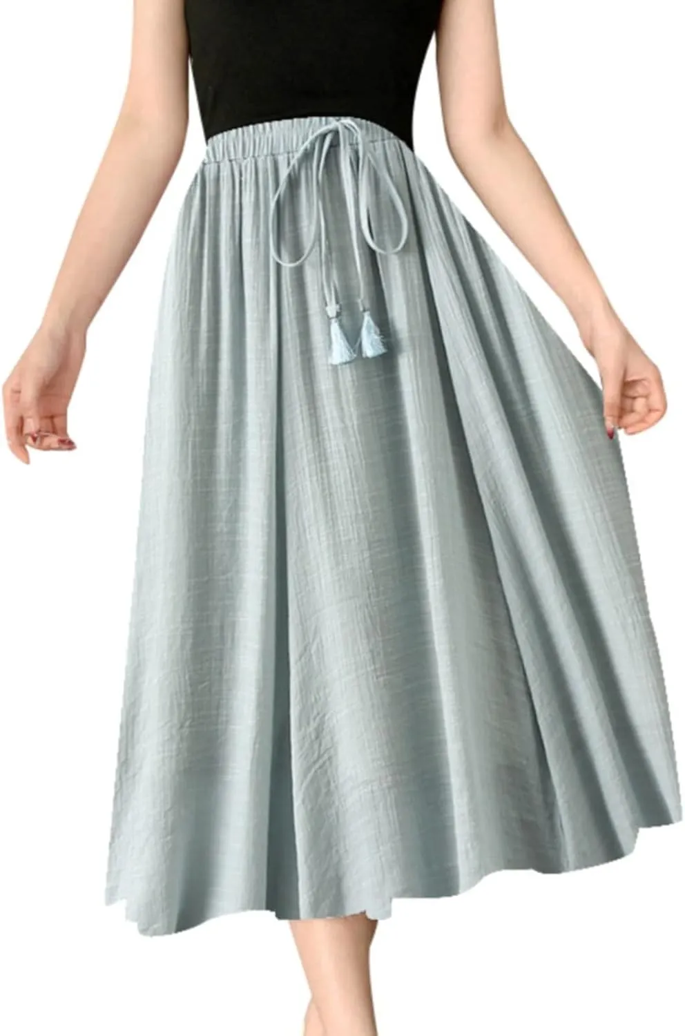 Linen Maxi Skirts for Women Flowy Cotton Pleated A-Line Long Skirt Boho Elastic Waist Drawstring 2025 Summer Dress