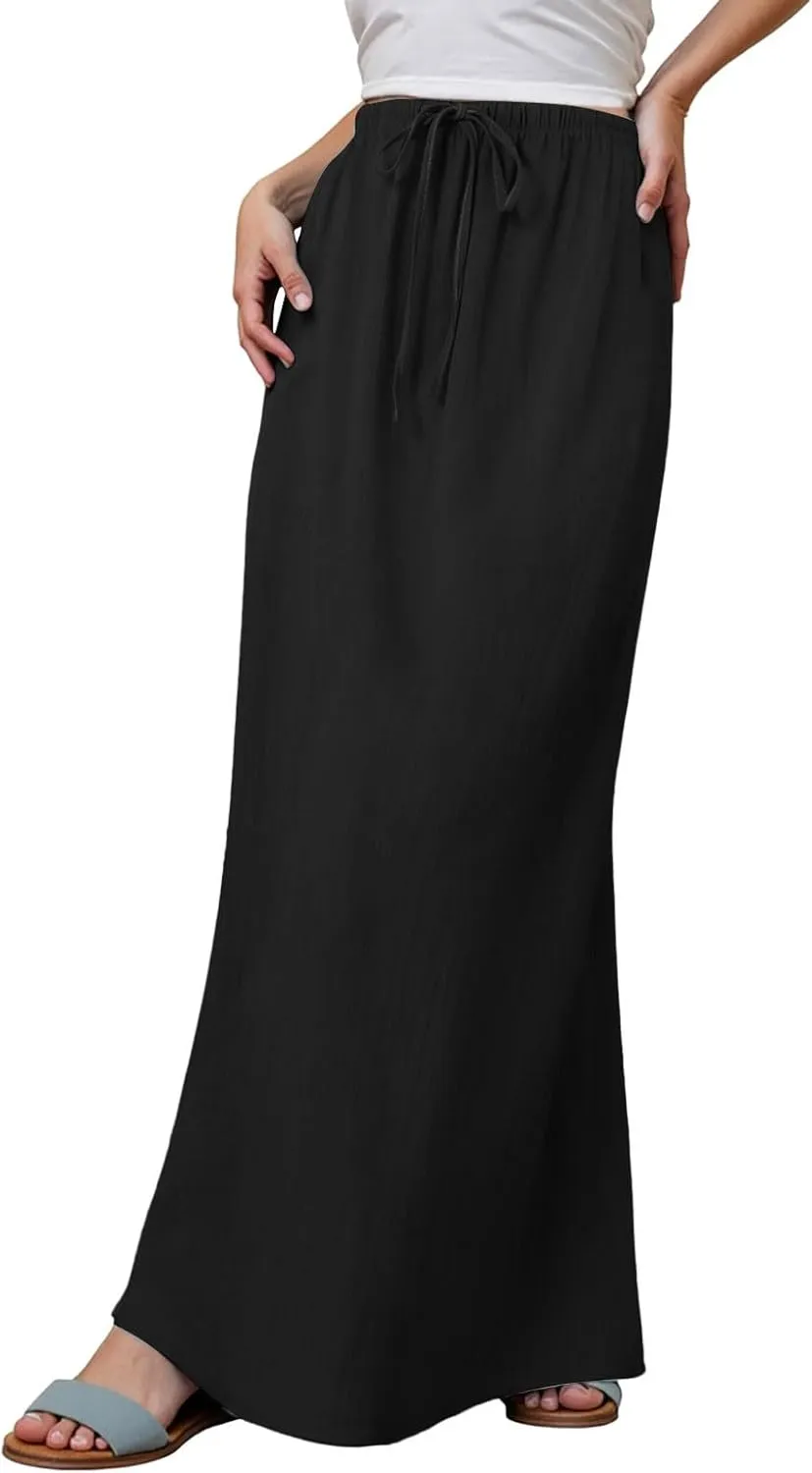 Linen Maxi Skirts for Women Trendy Summer Comfy Drawstring A Line Skirts Casual Beach Vacation Boho Flowy Long Skirts