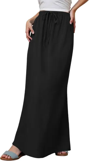 Linen Maxi Skirts for Women Trendy Summer Comfy Drawstring A Line Skirts Casual Beach Vacation Boho Flowy Long Skirts
