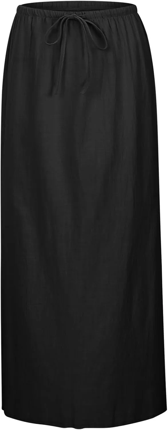 Linen Maxi Skirts for Women Trendy Summer Comfy Drawstring A Line Skirts Casual Beach Vacation Boho Flowy Long Skirts