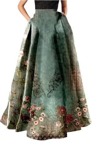 Long Skirts for Women Elastic High Waist Boho Skirt Vintage Floral Print A Line Ankle Length Maxi Skirts with Pockets